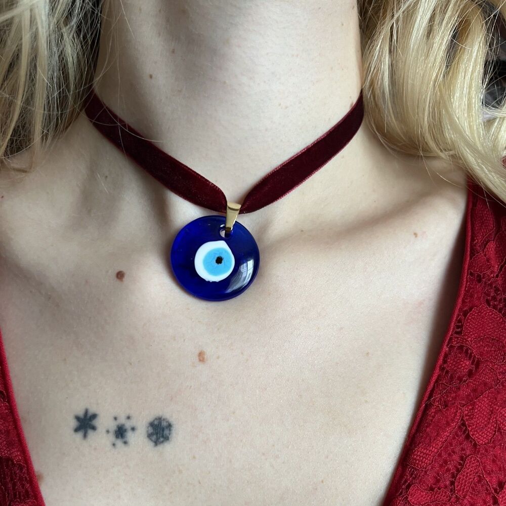 Glass Evil Eye Talisman Choker on Burgundy Velvet Ribbon with Gold Accents Boho